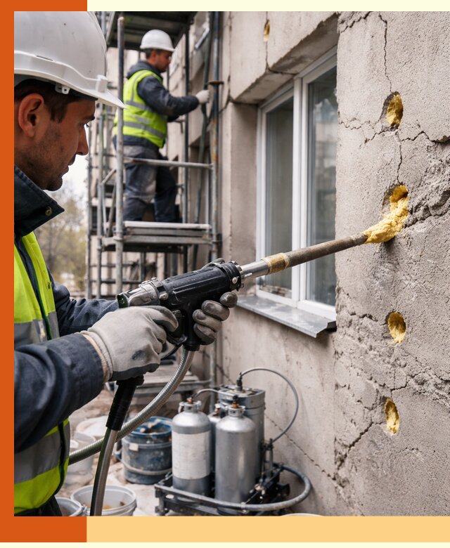 Заполнение пустот в фасаде и утепление стен в Казани